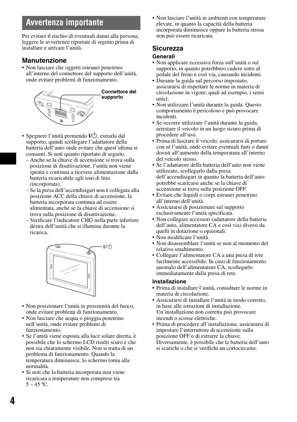 Avvertenza importante, Manutenzione, Sicurezza | Sony NV-U50 User Manual | Page 66 / 216