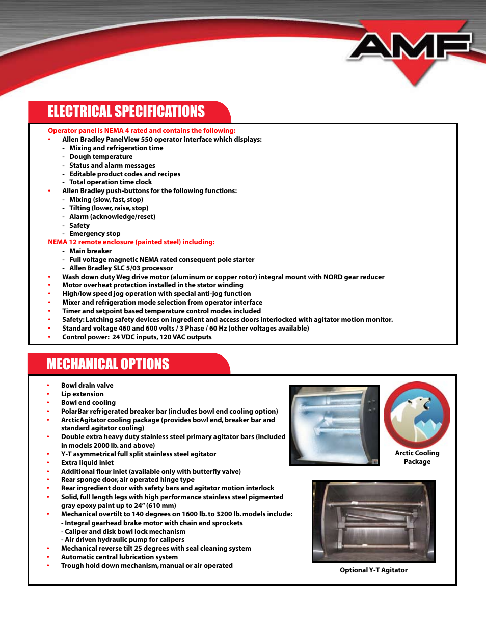 Electrical specifications, Mechanical options | AMF TILT Bowl Mixer (TBM) User Manual | Page 3 / 4
