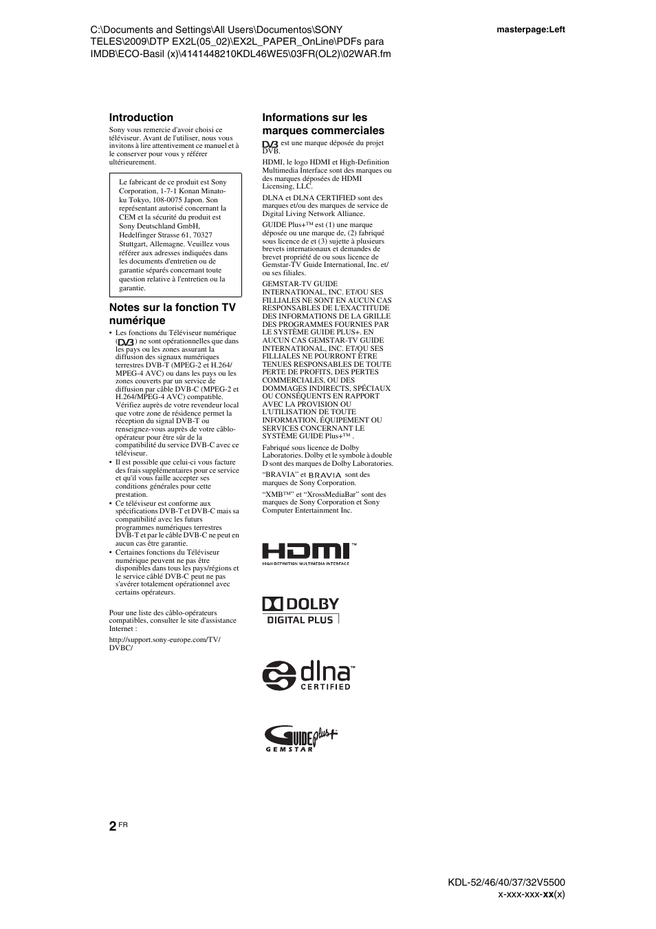 Introduction, Informations sur les marques commerciales | Sony KDL-40WE5 User Manual | Page 52 / 152