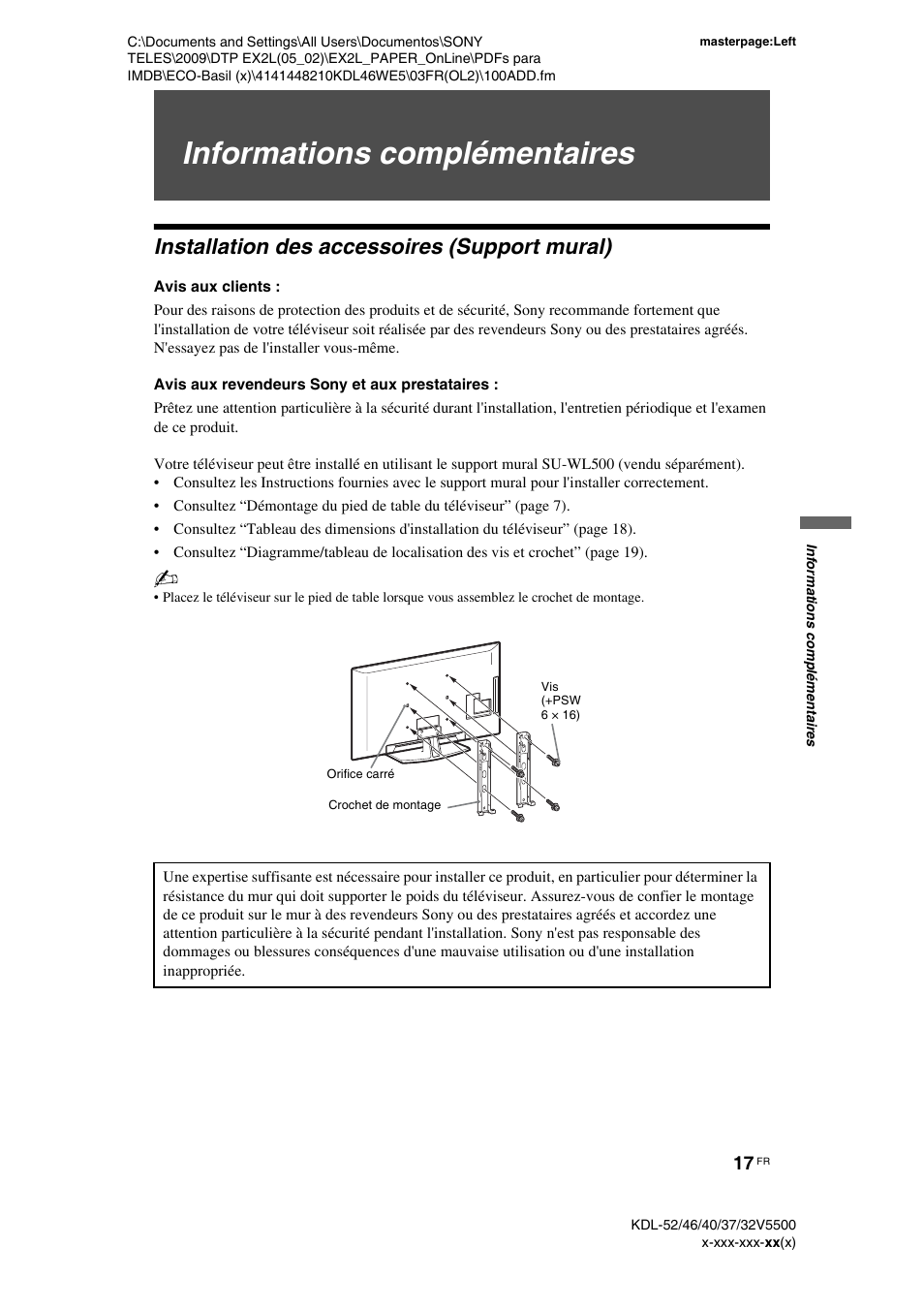 Informations complémentaires, Installation des accessoires (support mural), Avis aux clients | Avis aux revendeurs sony et aux prestataires | Sony KDL-40WE5 User Manual | Page 67 / 152