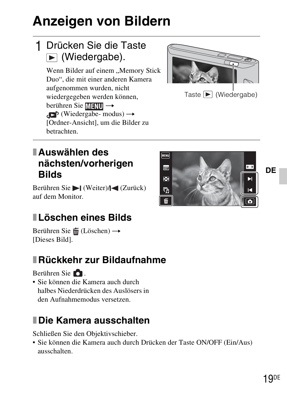 Anzeigen von bildern, Drücken sie die taste (wiedergabe), Xrückkehr zur bildaufnahme | Xdie kamera ausschalten, Xauswählen des nächsten/vorherigen bilds, Xlöschen eines bilds | Sony DSC-TX1 User Manual | Page 141 / 483