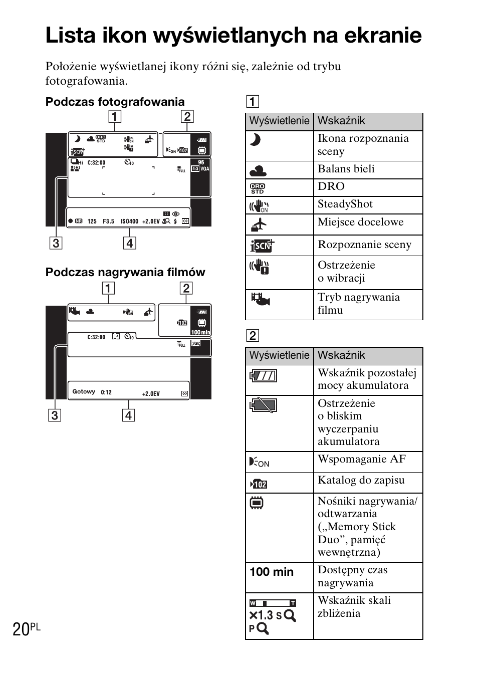 Lista ikon wyświetlanych na ekranie | Sony DSC-TX1 User Manual | Page 194 / 483