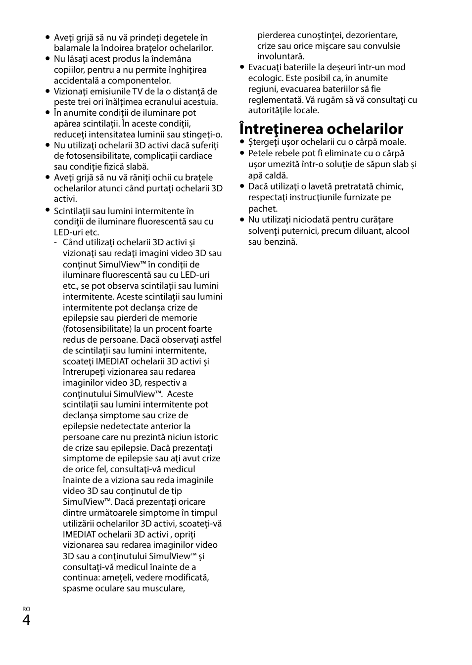Întreţinerea ochelarilor | Sony TDG-BT400A User Manual | Page 106 / 128