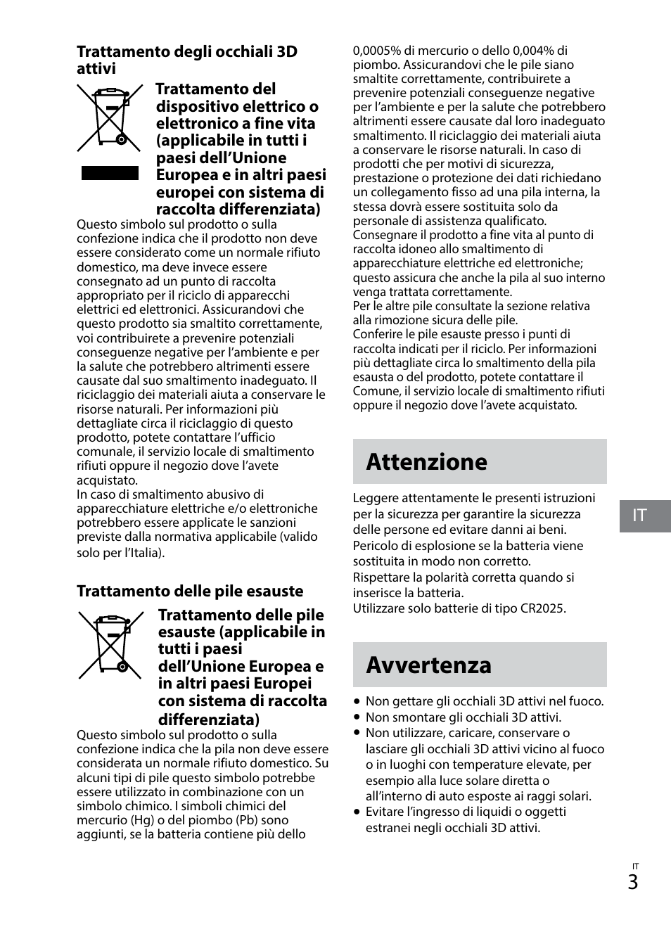Attenzione, Avvertenza | Sony TDG-BT400A User Manual | Page 33 / 128