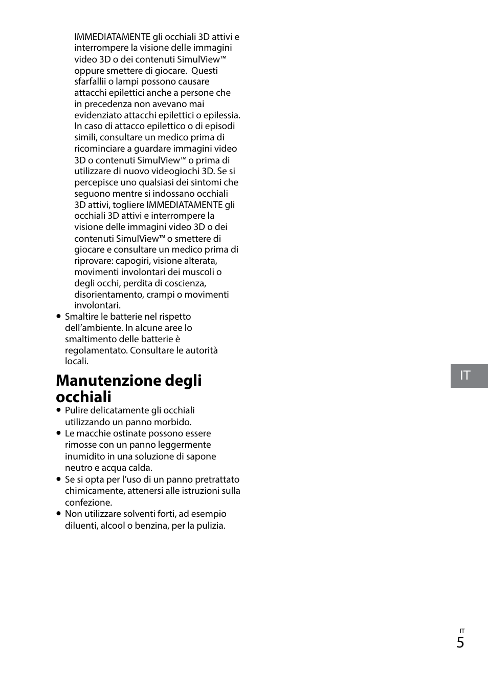 Manutenzione degli occhiali | Sony TDG-BT400A User Manual | Page 35 / 128