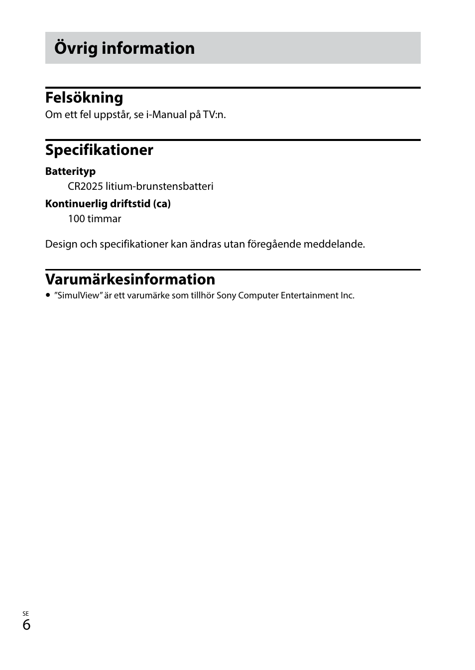 Övrig information, Felsökning, Specifikationer | Varumärkesinformation | Sony TDG-BT400A User Manual | Page 42 / 128