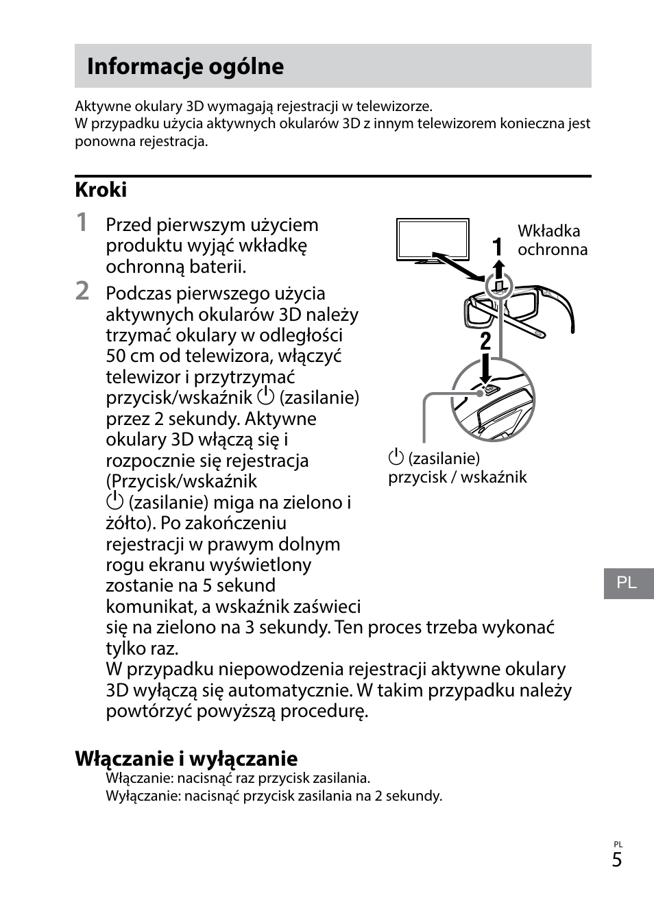 Informacje ogólne, Kroki, Włączanie i wyłączanie | Sony TDG-BT400A User Manual | Page 47 / 128