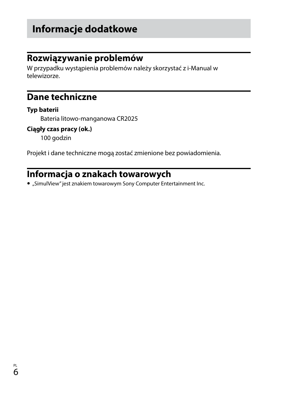 Informacje dodatkowe, Rozwiązywanie problemów, Dane techniczne | Informacja o znakach towarowych | Sony TDG-BT400A User Manual | Page 48 / 128