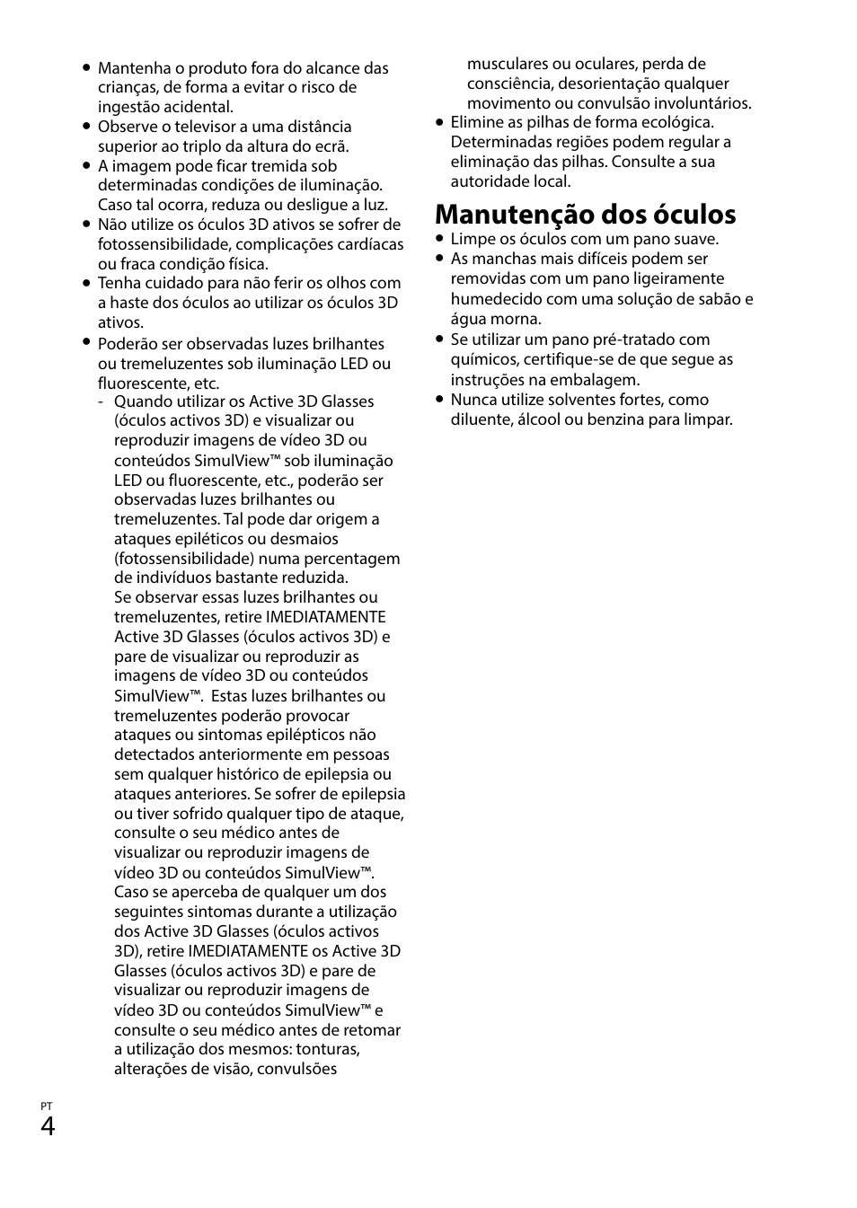Manutenção dos óculos | Sony TDG-BT400A User Manual | Page 52 / 128