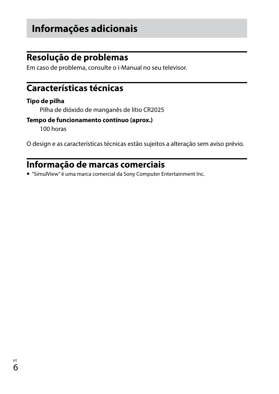 Informações adicionais, Resolução de problemas, Características técnicas | Informação de marcas comerciais | Sony TDG-BT400A User Manual | Page 54 / 128