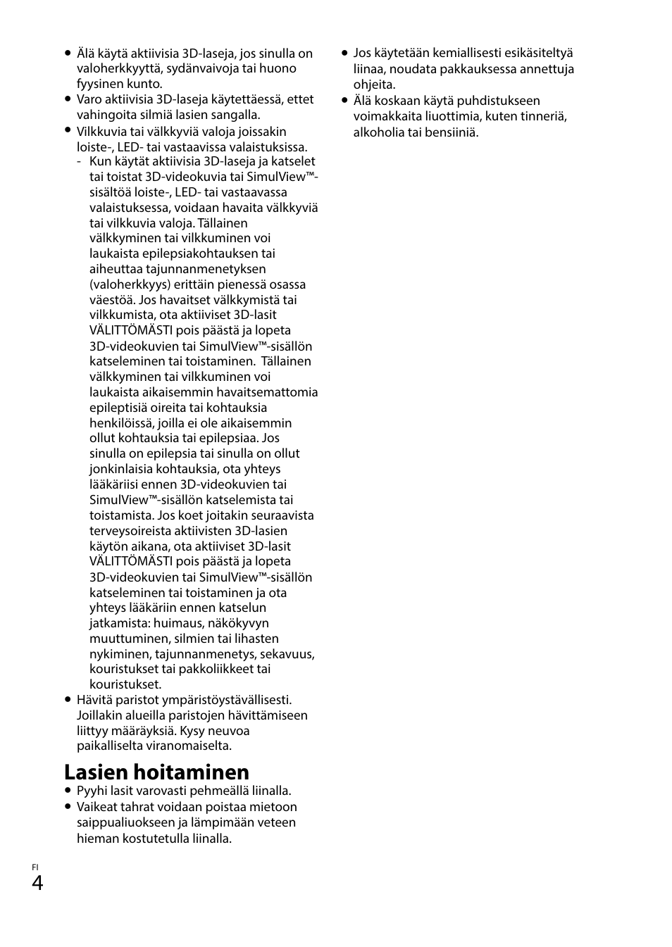 Lasien hoitaminen | Sony TDG-BT400A User Manual | Page 64 / 128