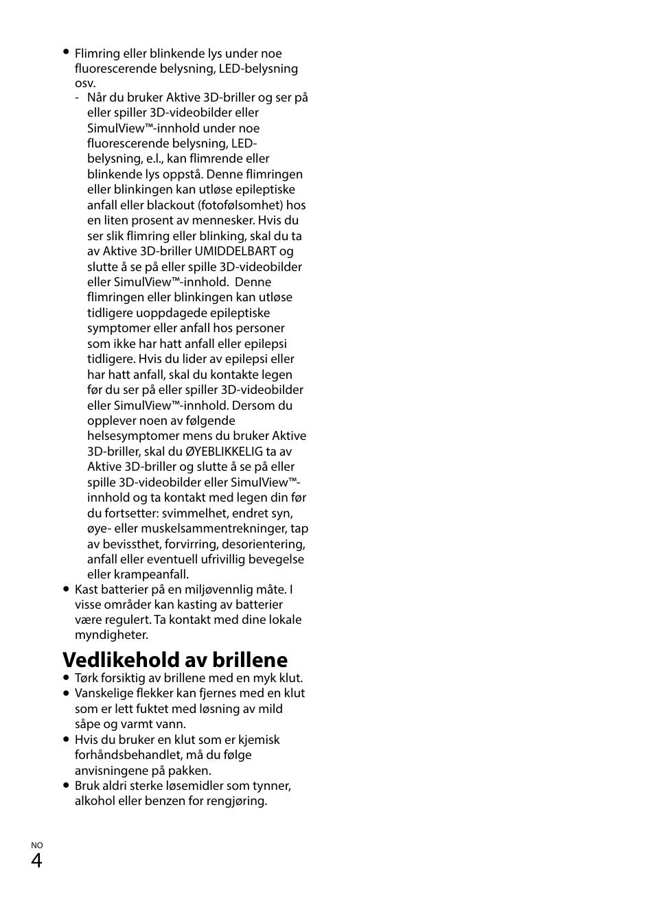 Vedlikehold av brillene | Sony TDG-BT400A User Manual | Page 70 / 128