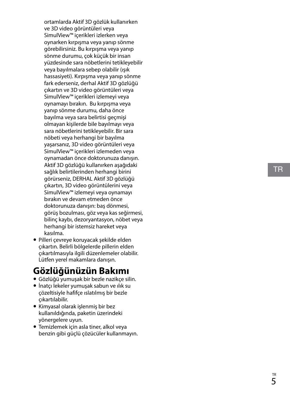 Gözlüğünüzün bakımı | Sony TDG-BT400A User Manual | Page 83 / 128