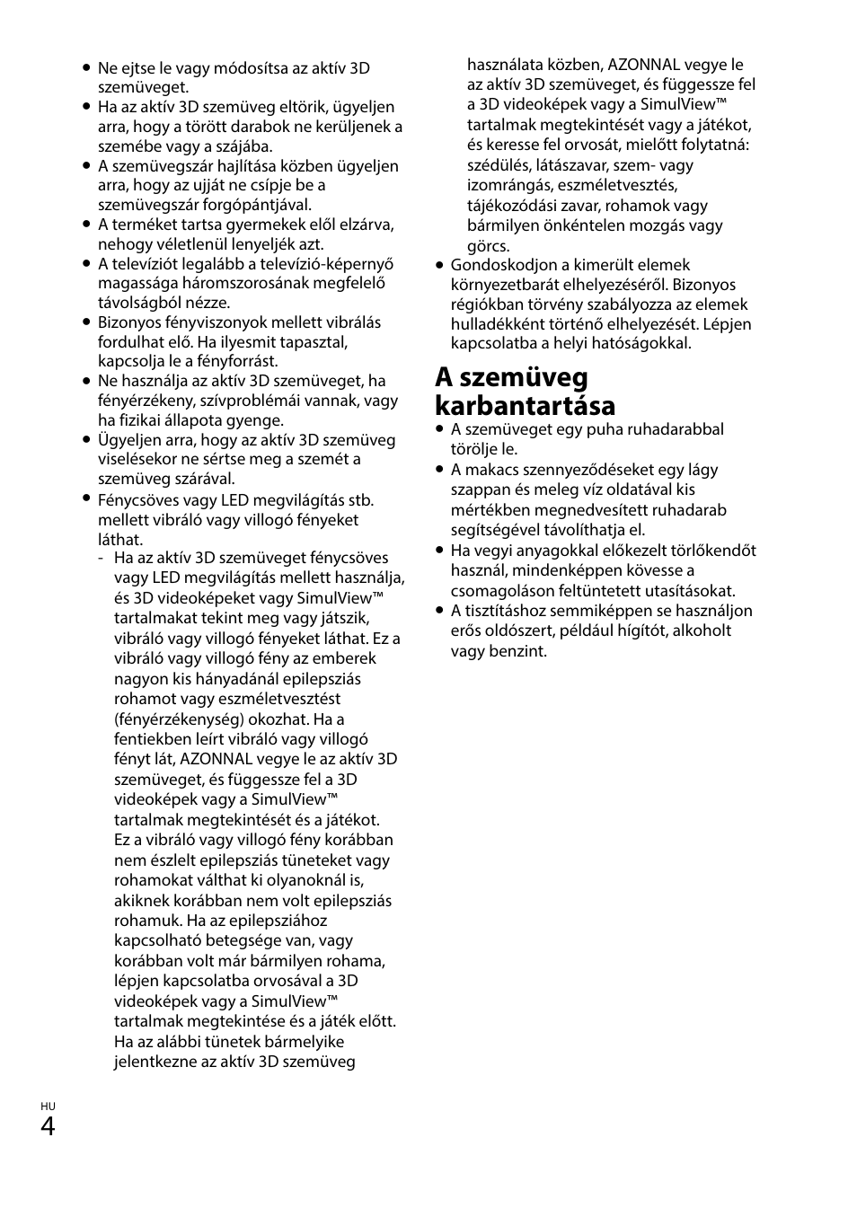 A szemüveg karbantartása | Sony TDG-BT400A User Manual | Page 88 / 128