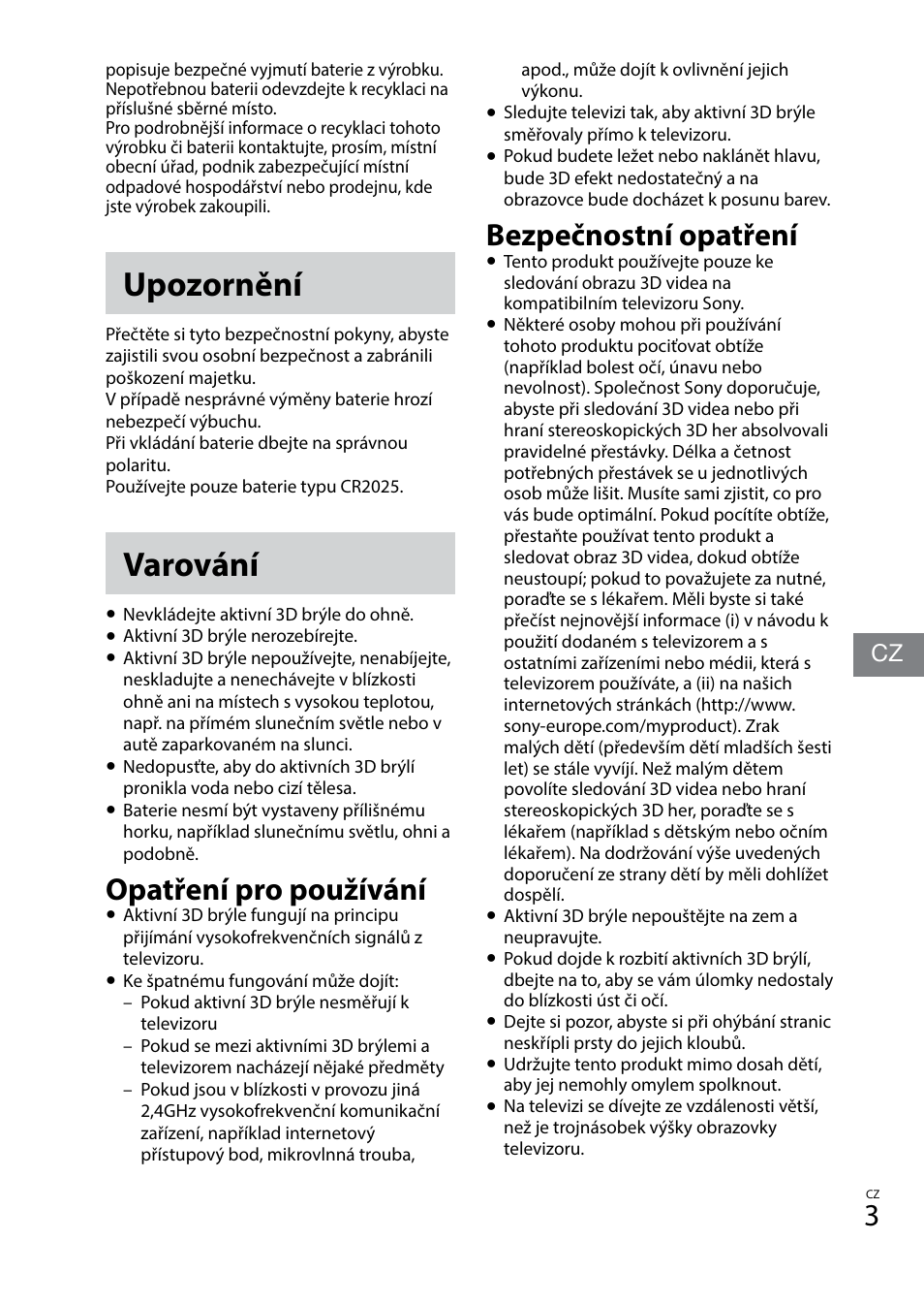 Upozornění, Varování, Bezpečnostní opatření | Opatření pro používání | Sony TDG-BT400A User Manual | Page 93 / 128