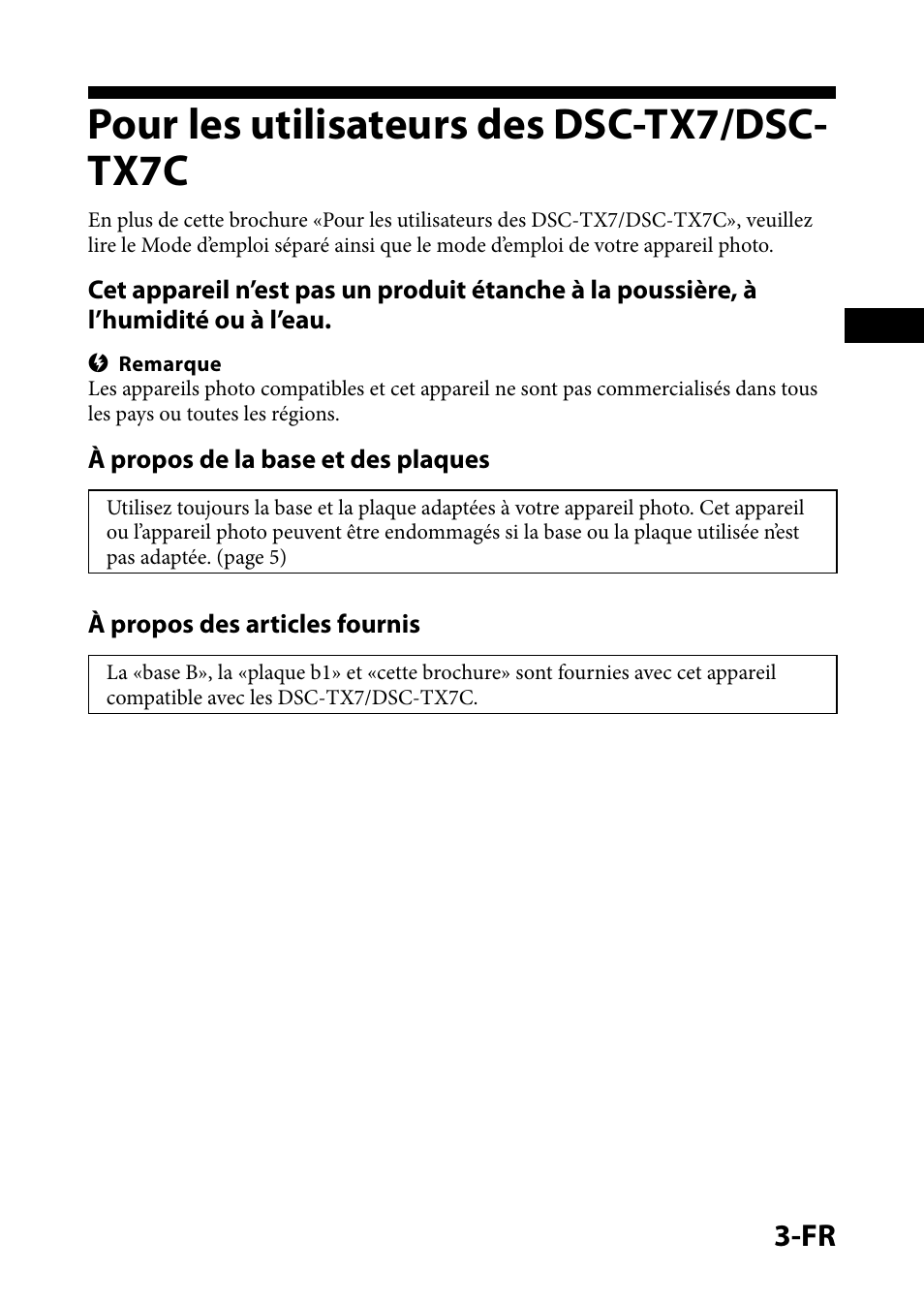 Pour les utilisateurs des dsc-tx7/dsctx7c, Pour les utilisateurs des dsc-tx7/dsc-tx7c, Pour les utilisateurs des dsc-tx7/dsc- tx7c | Sony IPT-DS1 User Manual | Page 13 / 73