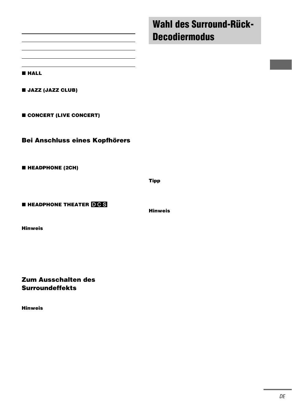 Wahl des surround-rück- decodiermodus, Surr back decoding, Wahl des surround-rück | Decodiermodus — surr back decoding, Seite 35) | Sony STR-DA1000ES User Manual | Page 35 / 180