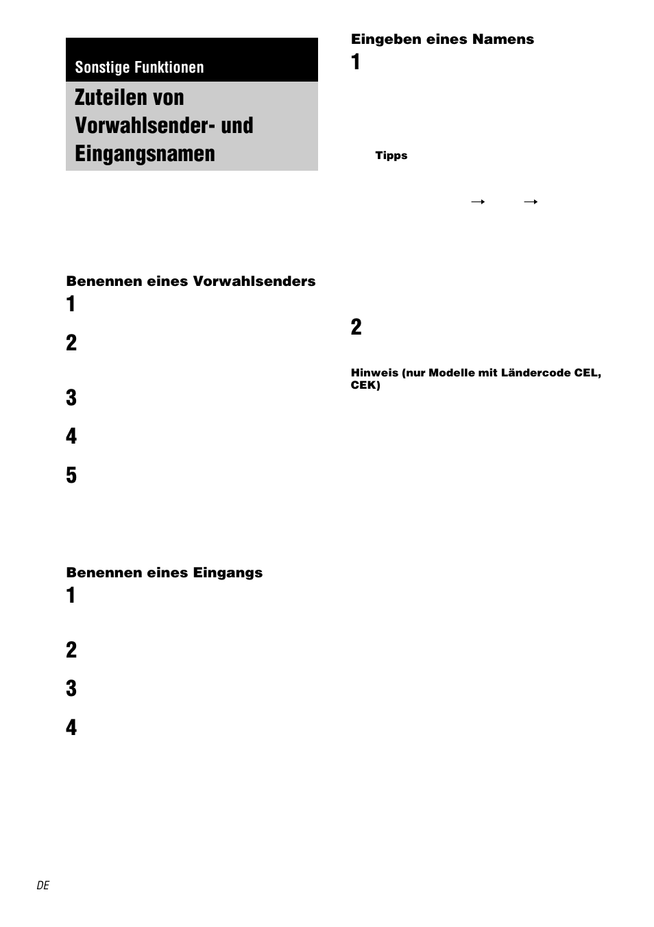 Sonstige funktionen, Zuteilen von vorwahlsender- und eingangsnamen, Zuteilen von vorwahlsender- und | Eingangsnamen | Sony STR-DA1000ES User Manual | Page 44 / 180