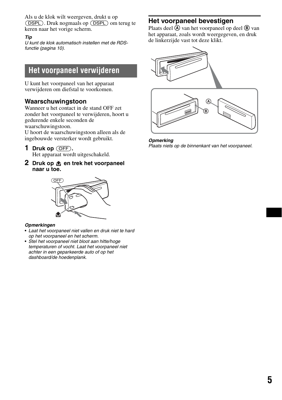 Het voorpaneel verwijderen, Het voorpaneel bevestigen | Sony CDX-GT44IP User Manual | Page 83 / 100