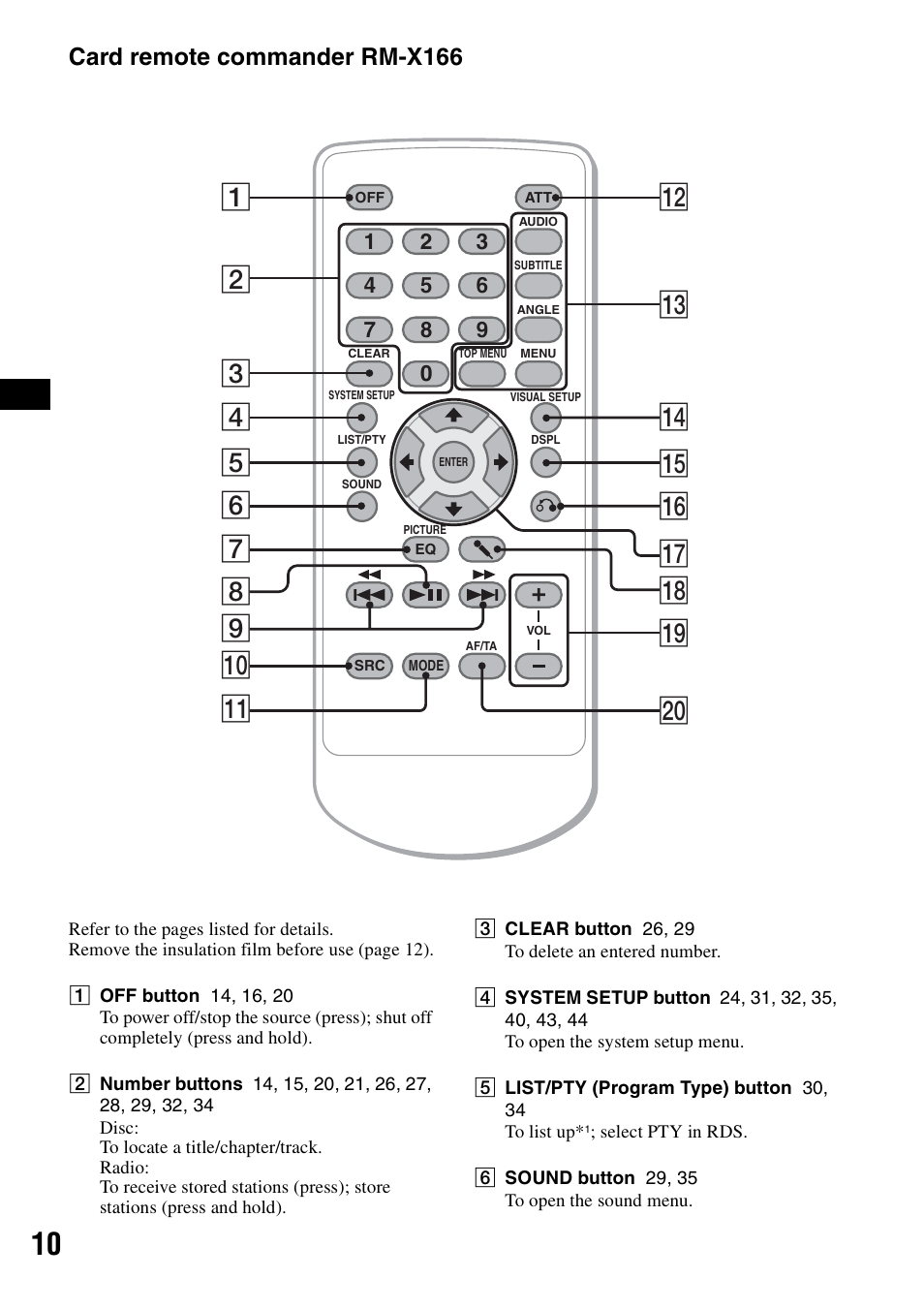 Card remote commander rm-x166 | Sony MEX-DV1000 User Manual | Page 10 / 300