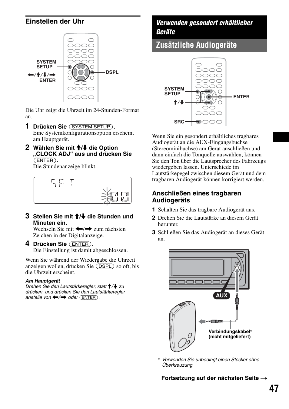 Einstellen der uhr, Verwenden gesondert erhältlicher geräte, Zusätzliche audiogeräte | Seite 47, Anschließen eines tragbaren audiogeräts | Sony MEX-DV1000 User Manual | Page 103 / 300