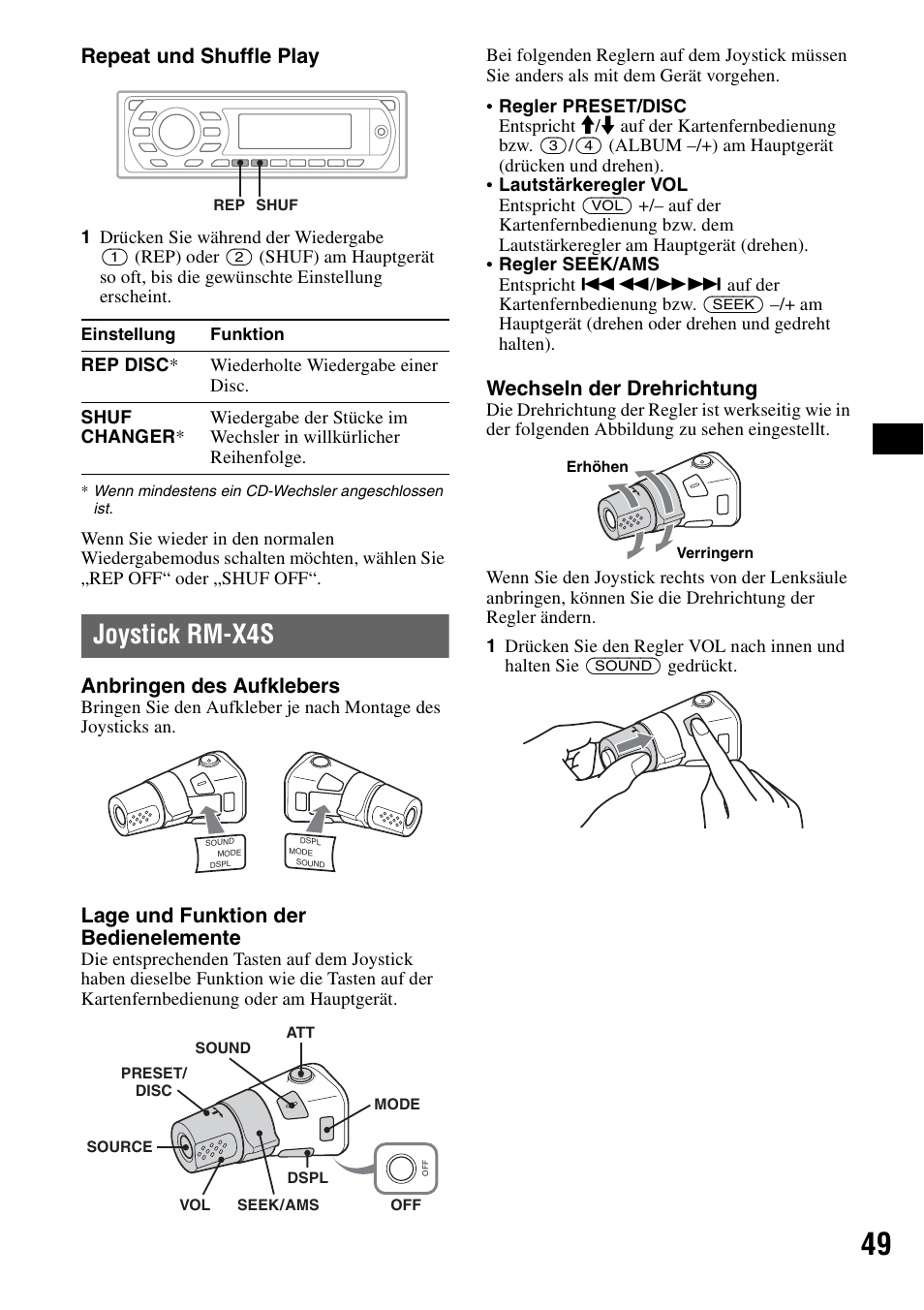 Joystick rm-x4s, Repeat und shuffle play, Anbringen des aufklebers | Lage und funktion der bedienelemente, Wechseln der drehrichtung | Sony MEX-DV1000 User Manual | Page 105 / 300