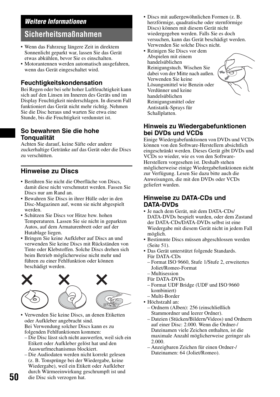 Weitere informationen, Sicherheitsmaßnahmen, Hinweise zu discs | Sony MEX-DV1000 User Manual | Page 106 / 300