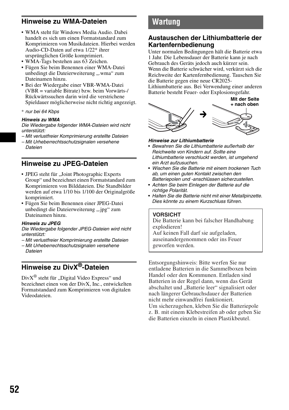 Hinweise zu wma-dateien, Hinweise zu jpeg-dateien, Hinweise zu divx®-dateien | Wartung, Dateien, Hinweise zu divx | Sony MEX-DV1000 User Manual | Page 108 / 300
