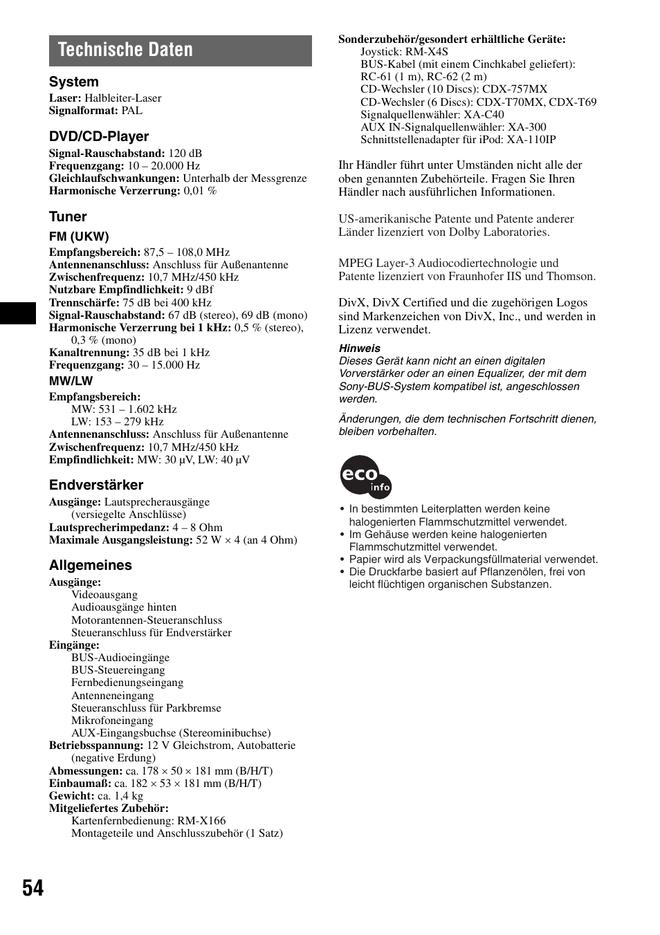 Technische daten | Sony MEX-DV1000 User Manual | Page 110 / 300