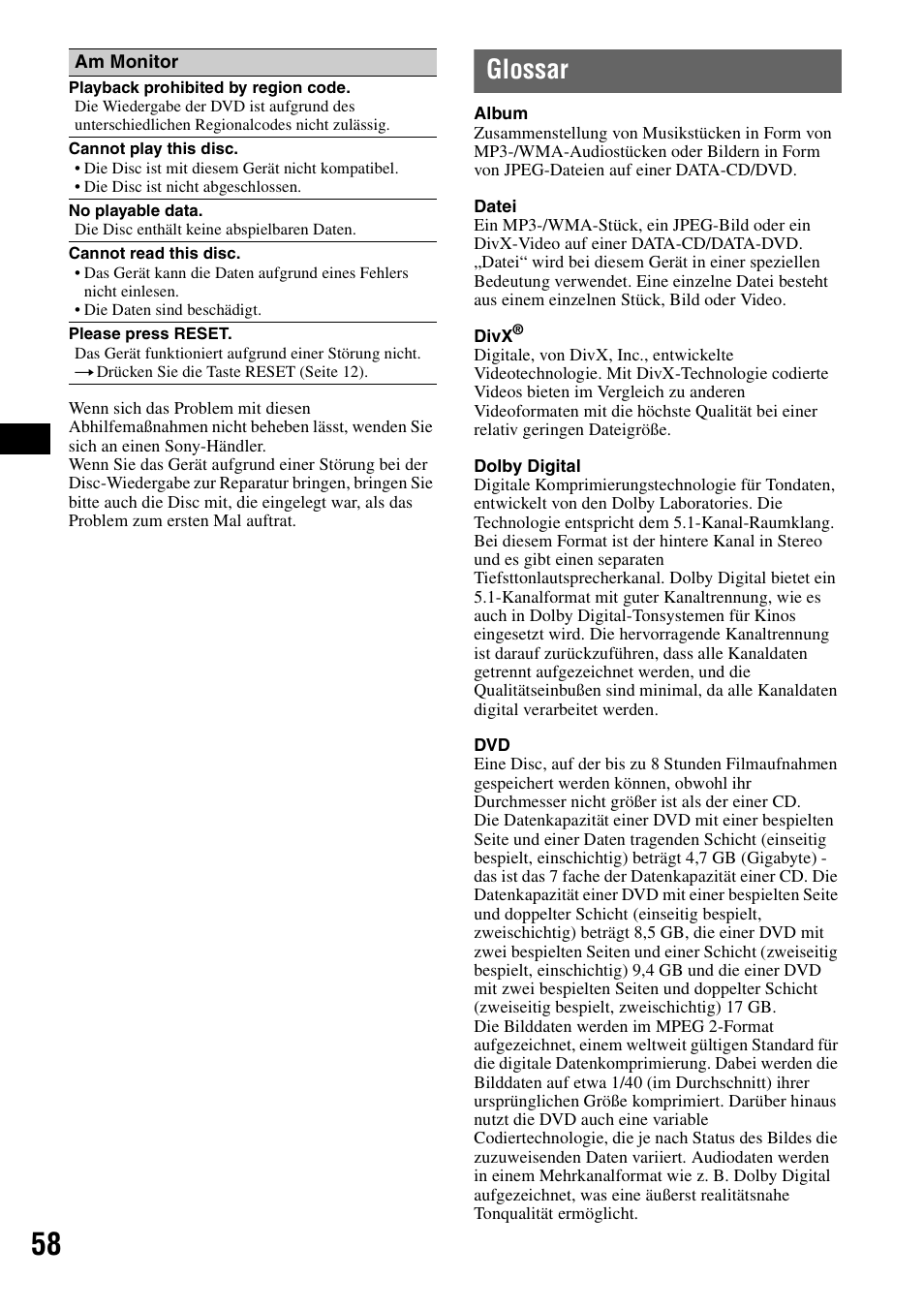 Glossar | Sony MEX-DV1000 User Manual | Page 114 / 300