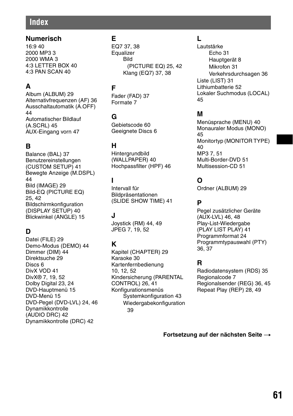 Index | Sony MEX-DV1000 User Manual | Page 117 / 300
