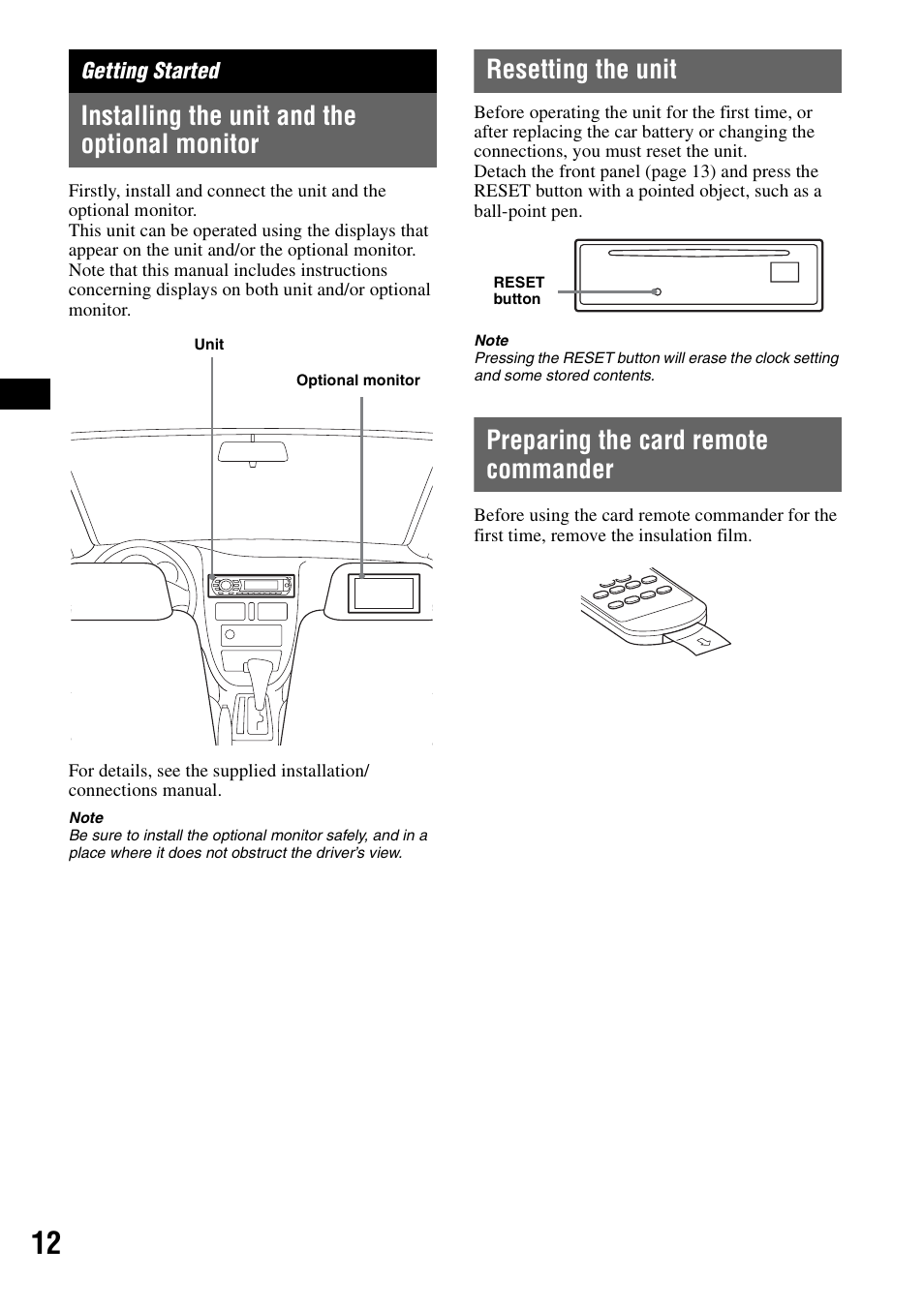 Getting started, Installing the unit and the optional monitor, Resetting the unit | Preparing the card remote commander | Sony MEX-DV1000 User Manual | Page 12 / 300