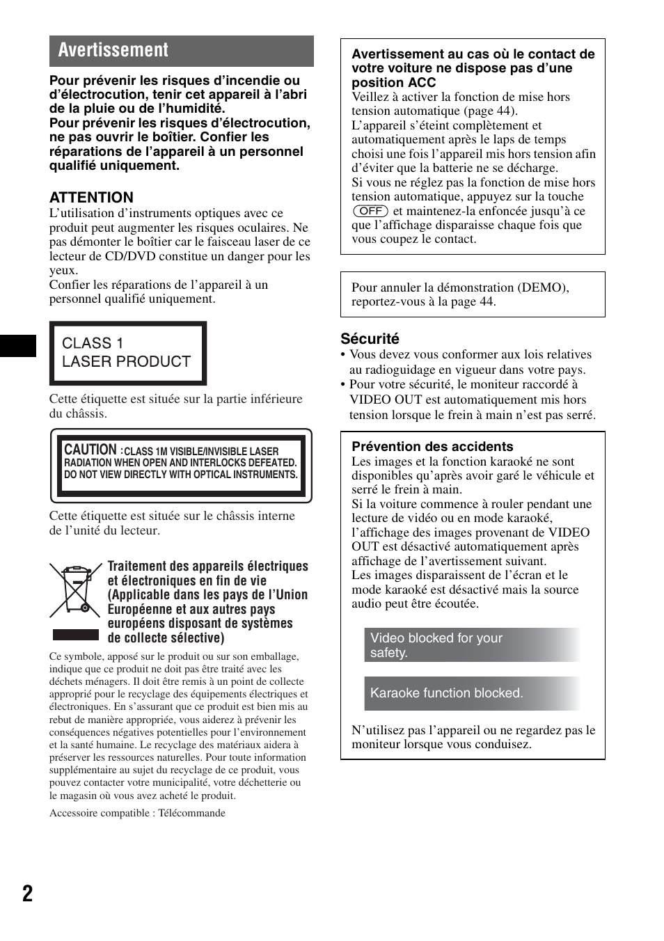 Avertissement | Sony MEX-DV1000 User Manual | Page 120 / 300