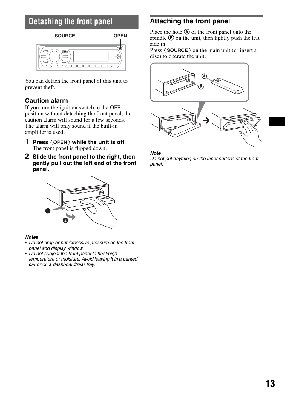 Detaching the front panel, Attaching the front panel | Sony MEX-DV1000 User Manual | Page 13 / 300