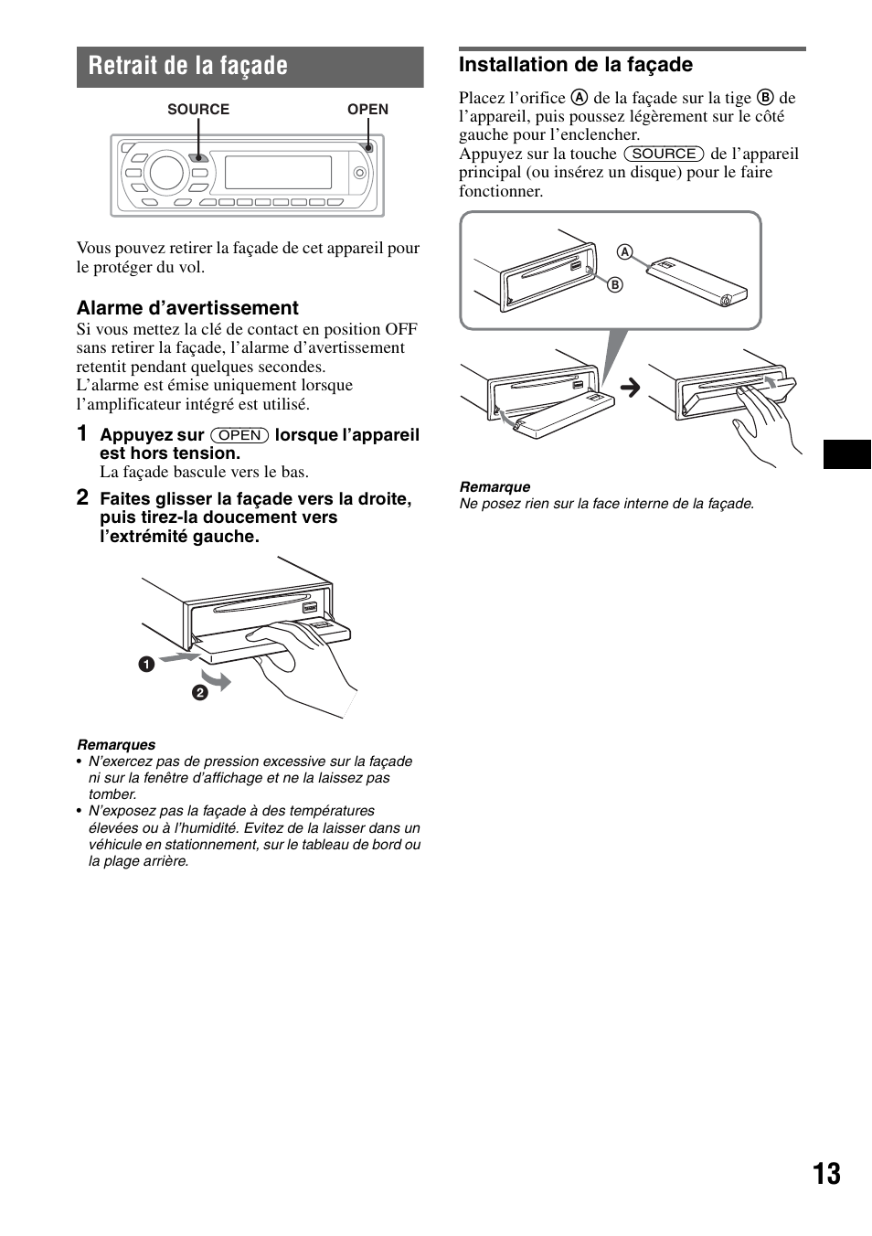 Retrait de la façade, Installation de la façade | Sony MEX-DV1000 User Manual | Page 131 / 300