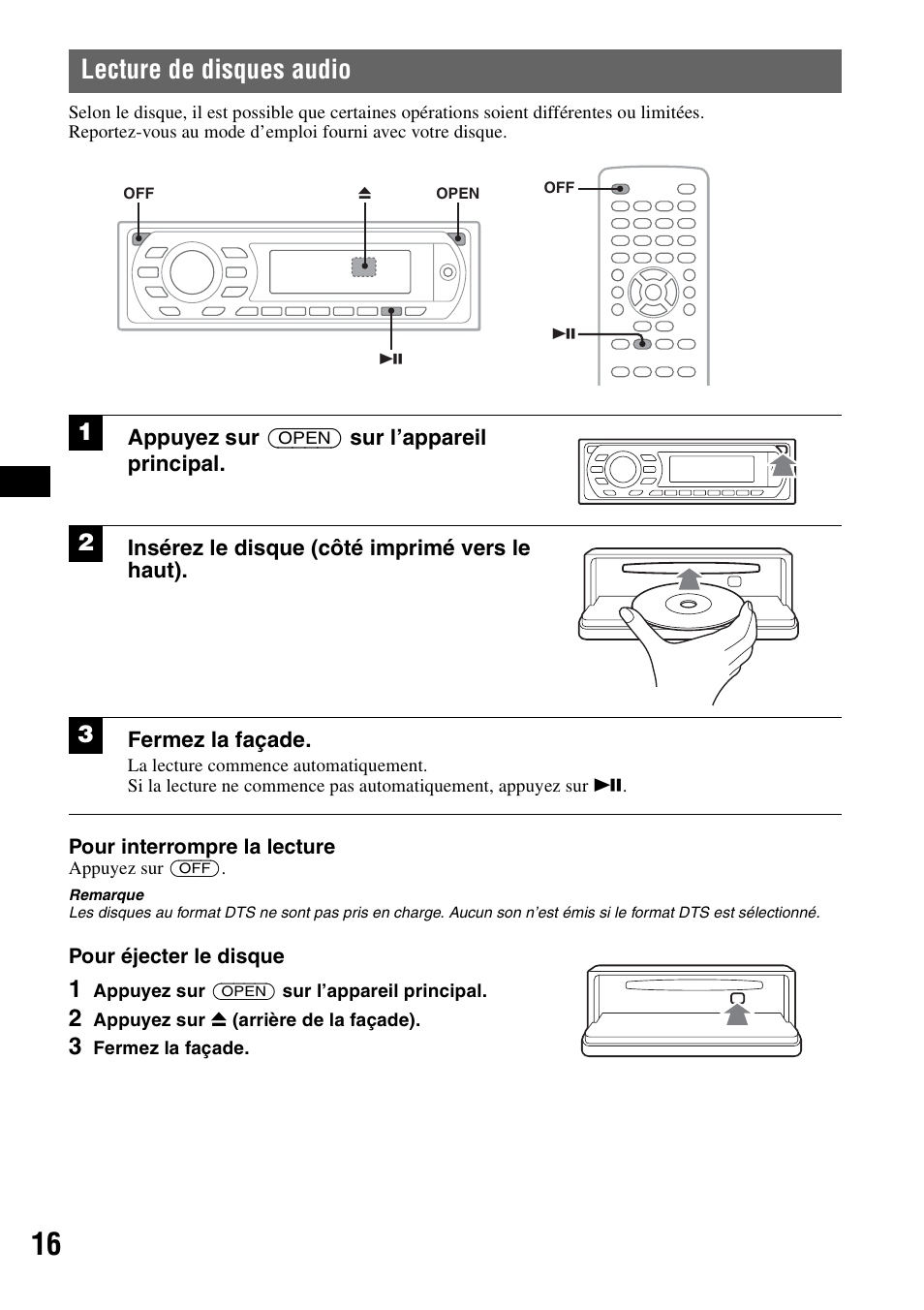 Lecture de disques audio, Appuyez sur (open) sur l’appareil principal, Insérez le disque (côté imprimé vers le haut) | Fermez la façade | Sony MEX-DV1000 User Manual | Page 134 / 300