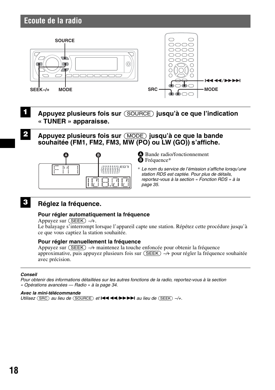 Ecoute de la radio, Réglez la fréquence | Sony MEX-DV1000 User Manual | Page 136 / 300