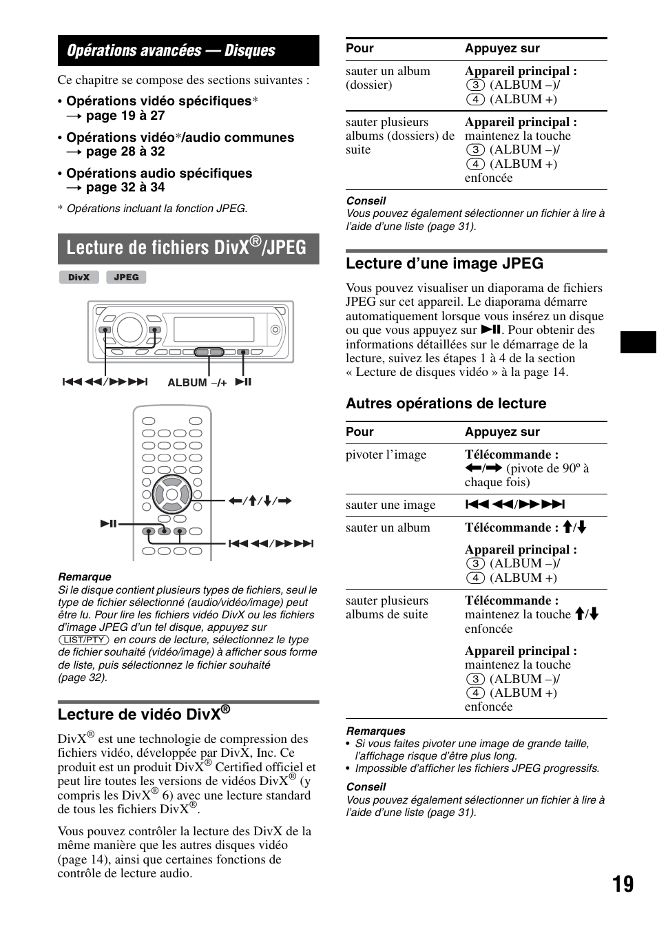 Opérations avancées - disques, Lecture de fichiers divx®/jpeg, Lecture de vidéo divx | Lecture d’une image jpeg, Opérations avancées — disques, Lecture de fichiers divx, Jpeg | Sony MEX-DV1000 User Manual | Page 137 / 300