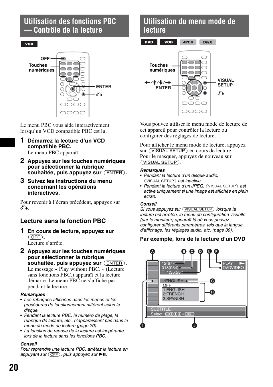 Utilisation du menu mode de lecture, Tup 20, Lecture sans la fonction pbc | Sony MEX-DV1000 User Manual | Page 138 / 300