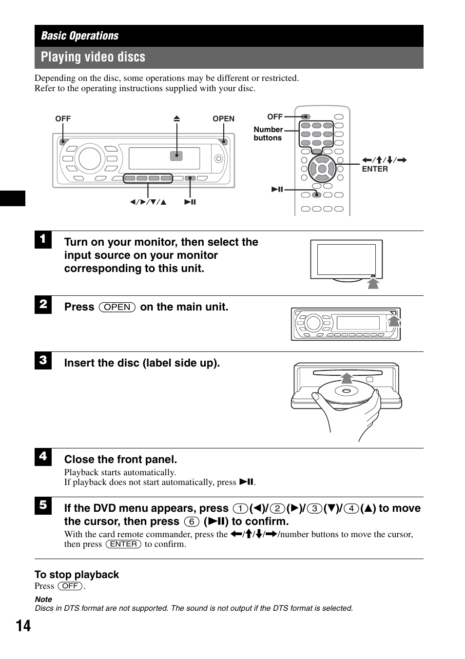 Basic operations, Playing video discs, B 14 | Press (open) on the main unit, Insert the disc (label side up), Close the front panel | Sony MEX-DV1000 User Manual | Page 14 / 300