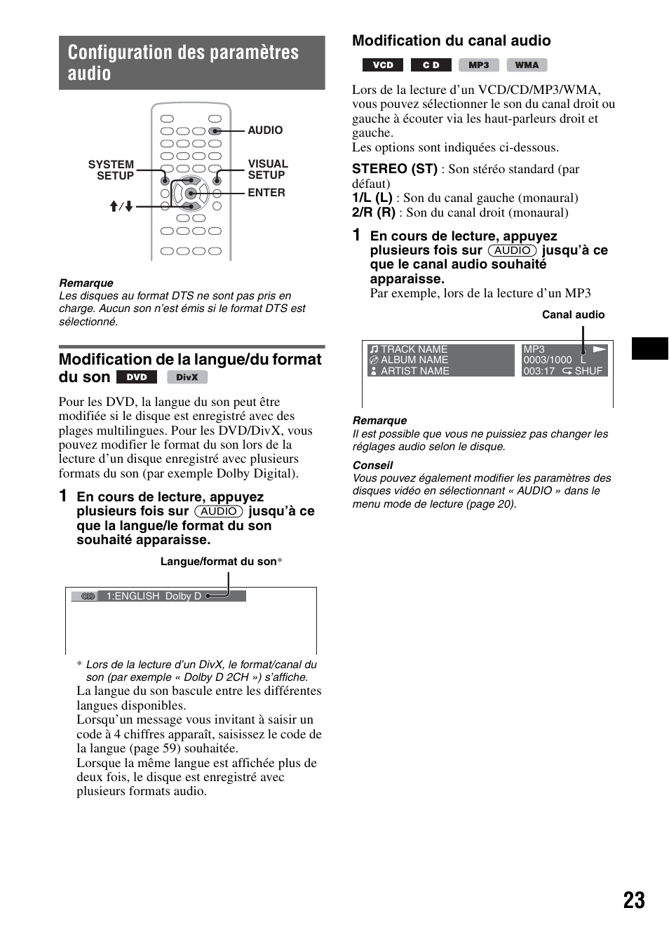 Configuration des paramètres audio, Modification de la langue/du format du son, Modification du canal audio | Sony MEX-DV1000 User Manual | Page 141 / 300