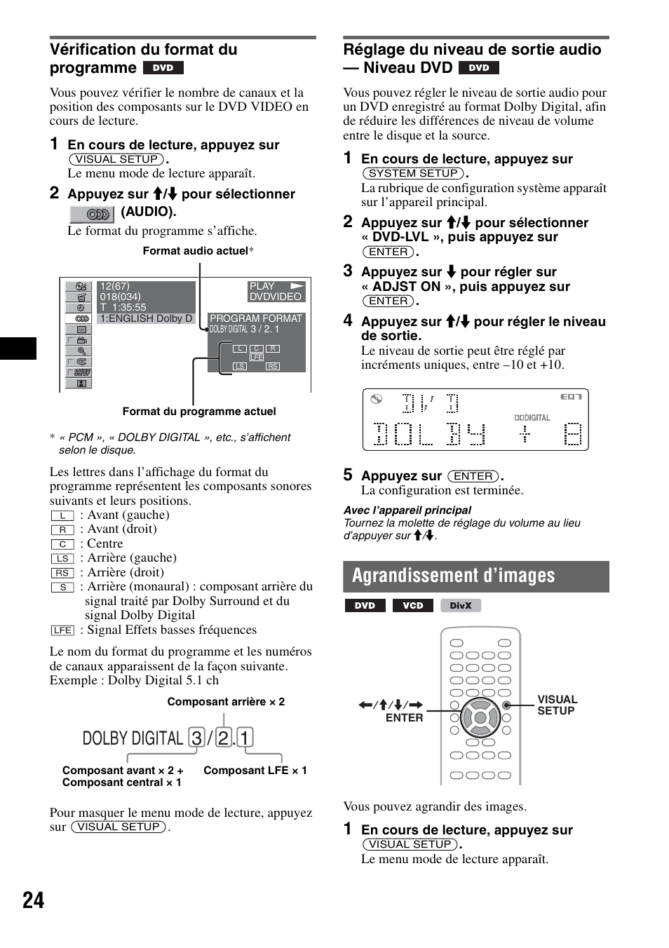 Vérification du format du programme, Réglage du niveau de sortie audio - niveau dvd, Agrandissement d’images | Tup 24, Dolby digital 3 / 2, Réglage du niveau de sortie audio — niveau dvd | Sony MEX-DV1000 User Manual | Page 142 / 300