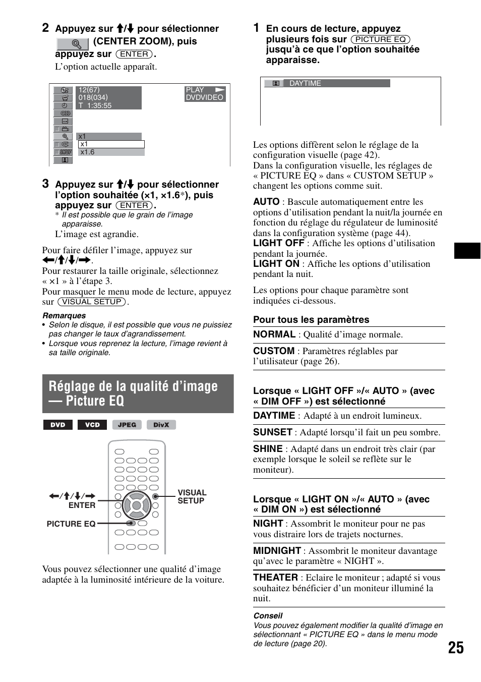 Réglage de la qualité d’image - picture eq, Réglage de la qualité d’image — picture eq, E eq 25 | Sony MEX-DV1000 User Manual | Page 143 / 300