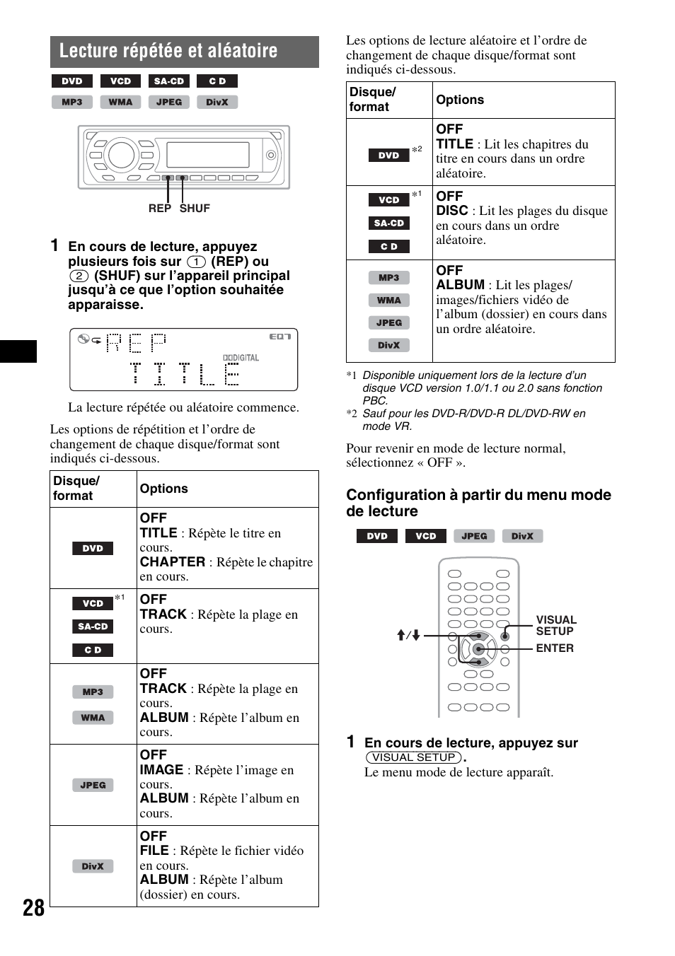 Lecture répétée et aléatoire, Configuration à partir du menu mode de lecture | Sony MEX-DV1000 User Manual | Page 146 / 300