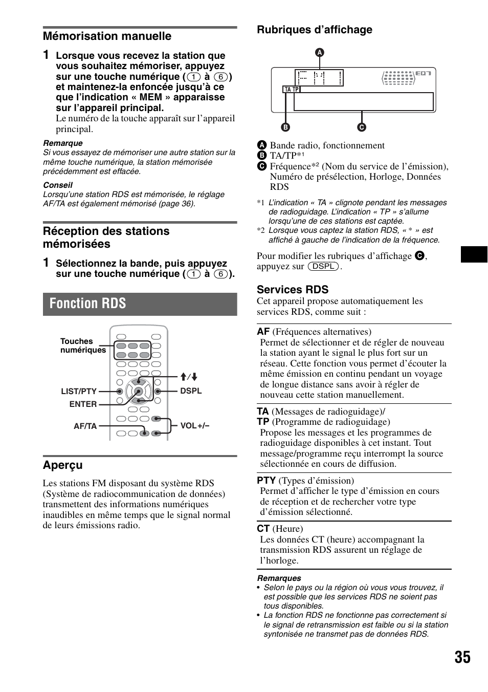 Mémorisation manuelle, Réception des stations mémorisées, Fonction rds | Aperçu, Rubriques d’affichage, Services rds | Sony MEX-DV1000 User Manual | Page 153 / 300