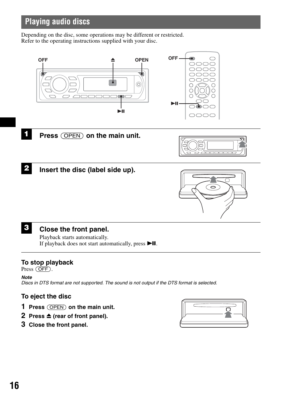 Playing audio discs, Press (open) on the main unit, Insert the disc (label side up) | Close the front panel | Sony MEX-DV1000 User Manual | Page 16 / 300