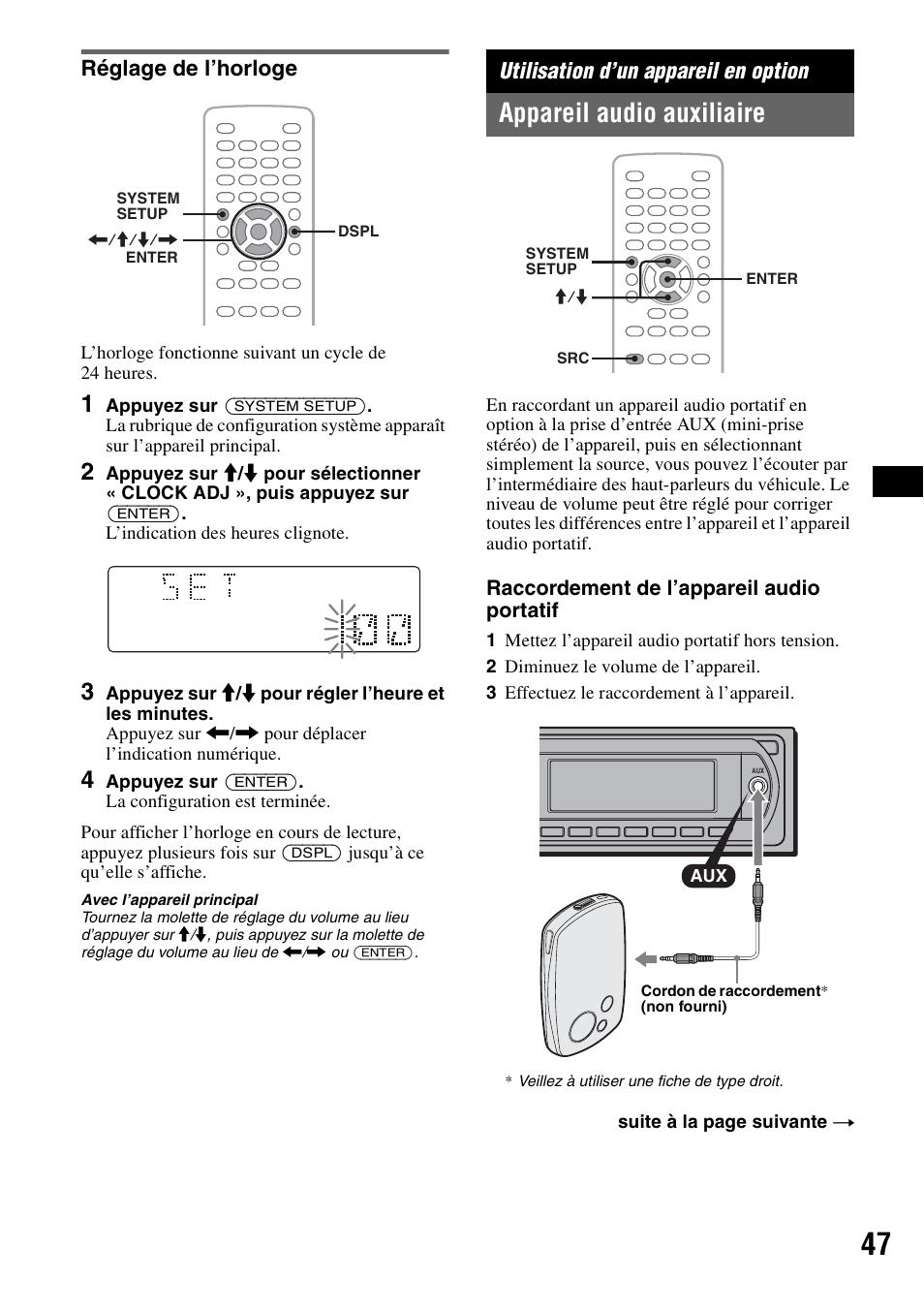 Réglage de l’horloge, Utilisation d’un appareil en option, Appareil audio auxiliaire | Raccordement de l’appareil audio portatif | Sony MEX-DV1000 User Manual | Page 165 / 300