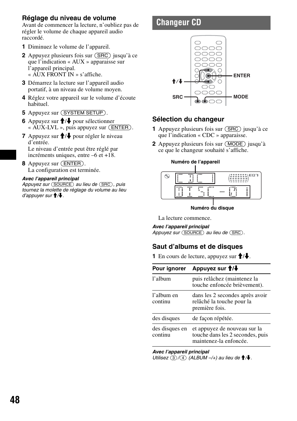 Changeur cd, Réglage du niveau de volume, Sélection du changeur | Saut d’albums et de disques | Sony MEX-DV1000 User Manual | Page 166 / 300