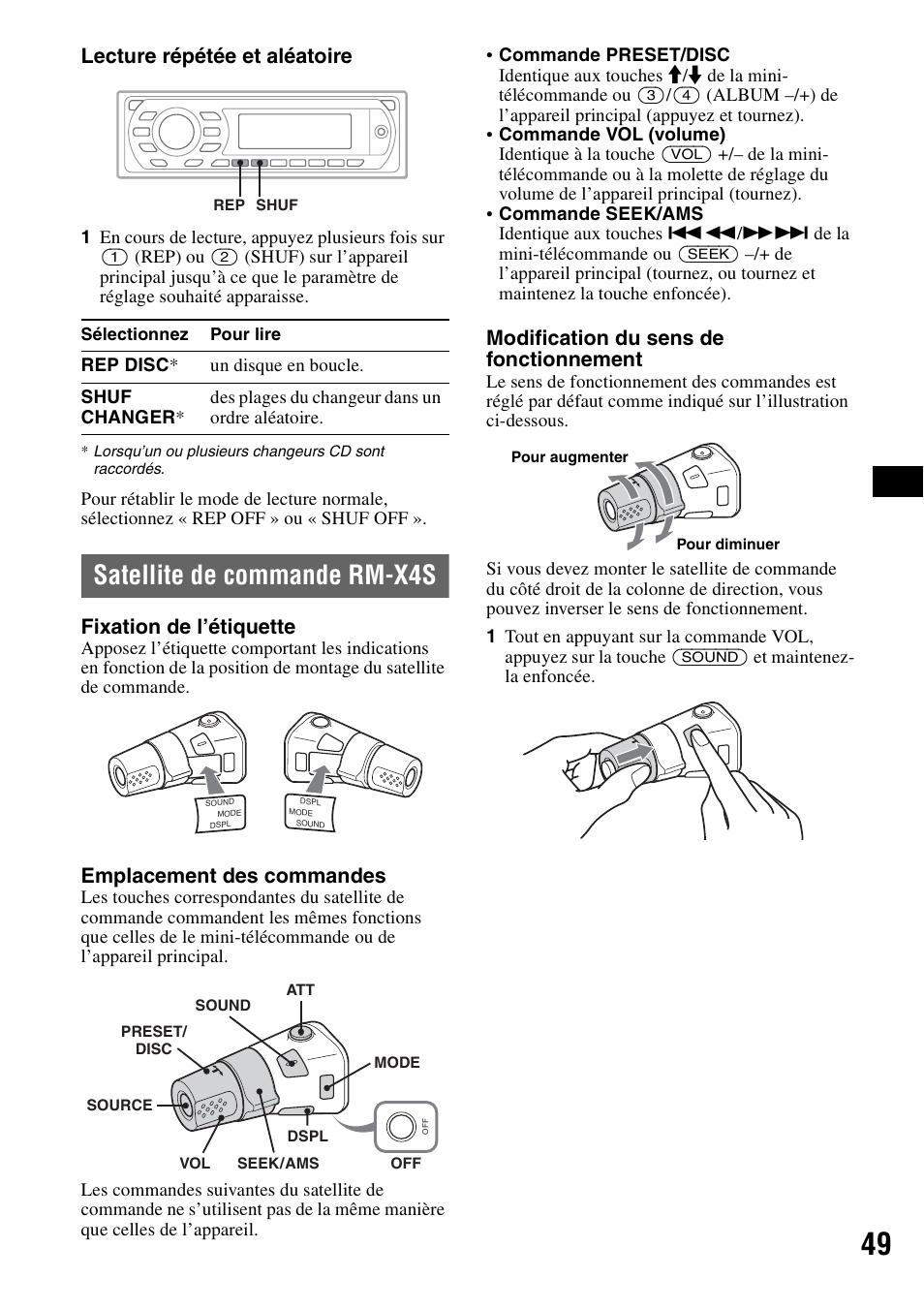 Satellite de commande rm-x4s, Lecture répétée et aléatoire, Fixation de l’étiquette | Emplacement des commandes, Modification du sens de fonctionnement | Sony MEX-DV1000 User Manual | Page 167 / 300