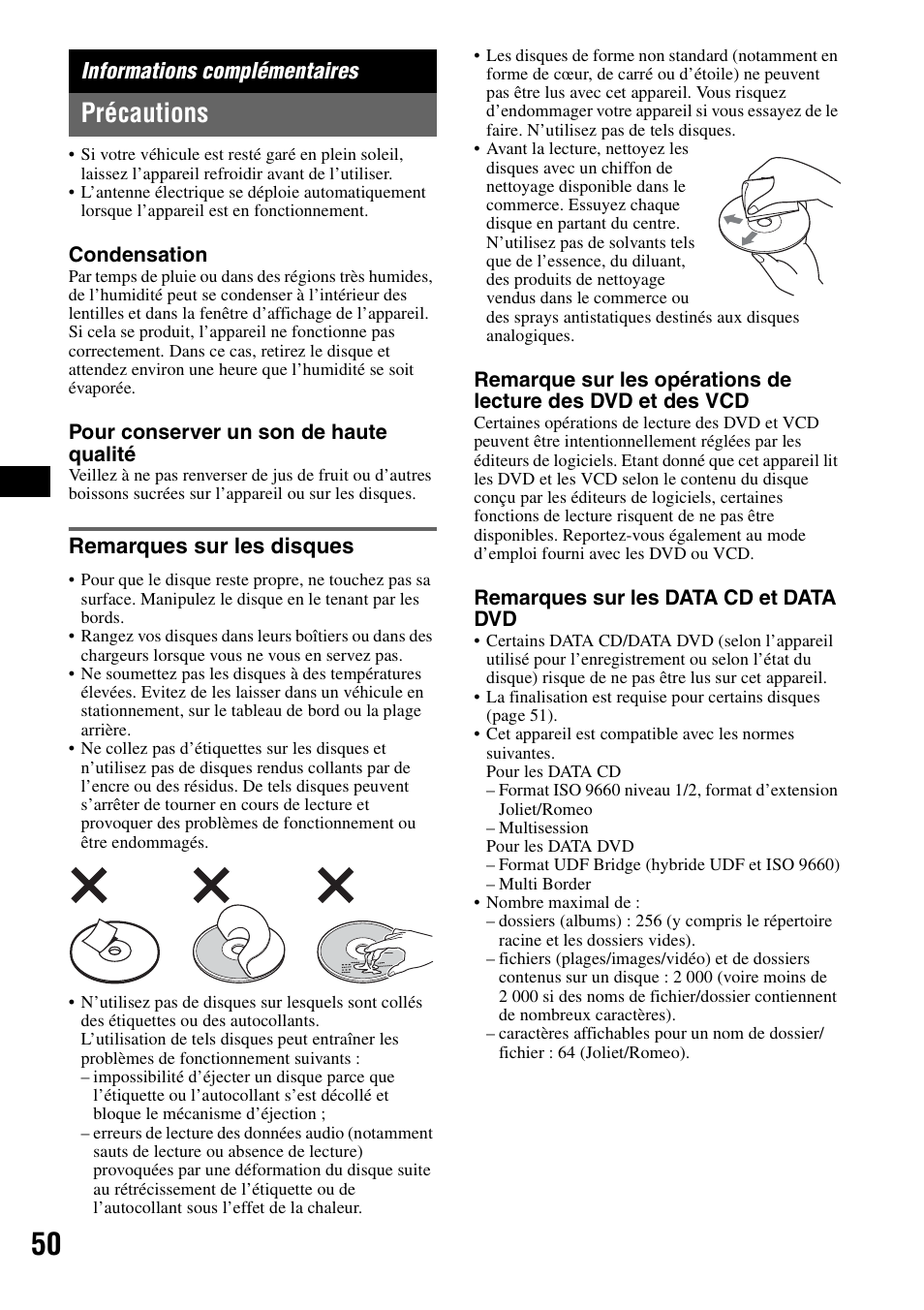 Informations complémentaires, Précautions, Remarques sur les disques | Sony MEX-DV1000 User Manual | Page 168 / 300